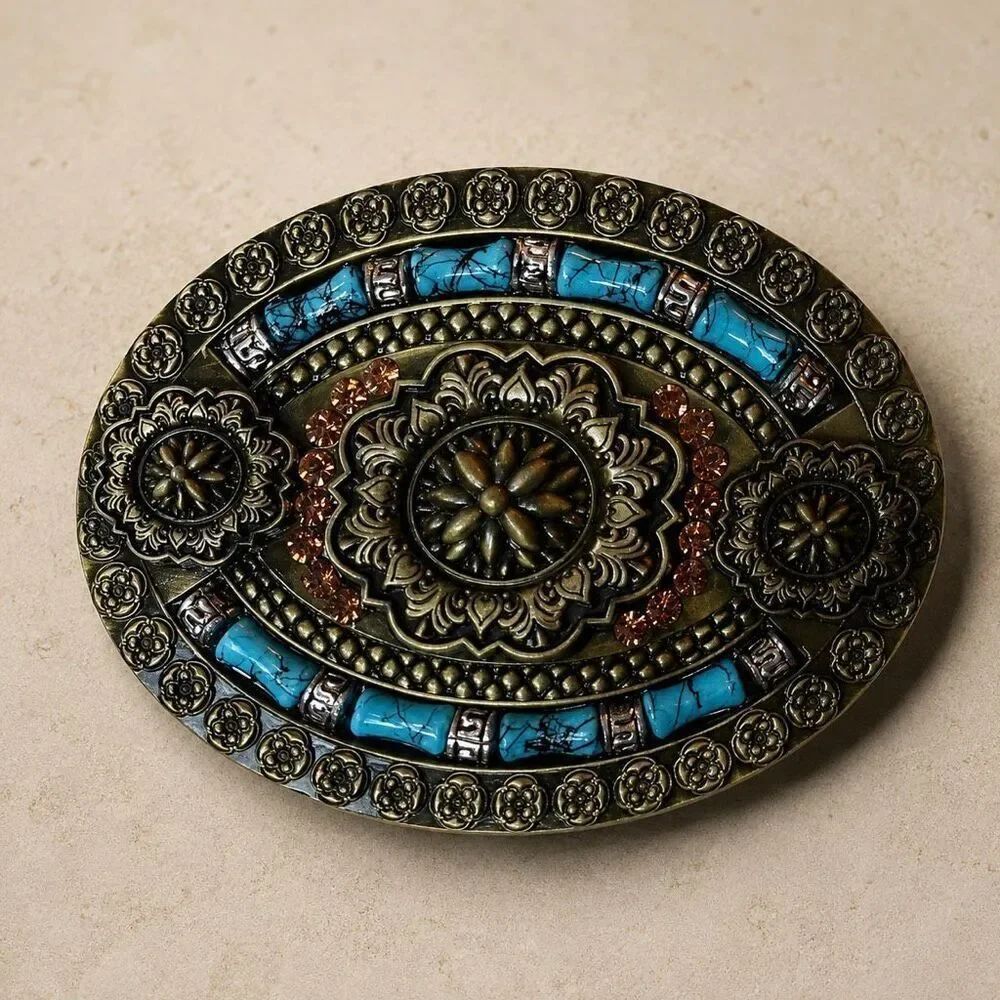 Western Cowboy Style Metal Buckle – Ornate Design with Turquoise Accents